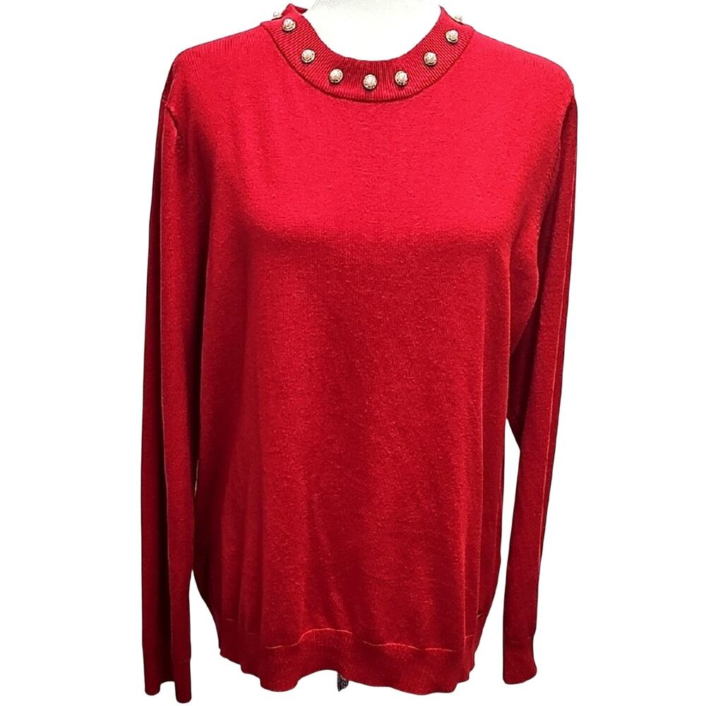 Calvin Klein Elegant Red Longsleeve Pearl Neckline Accent Sweater Women Size XL